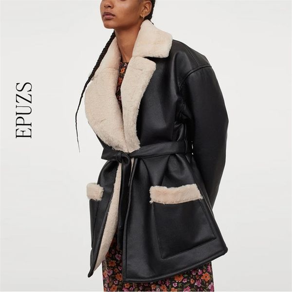 

winter coat women thick black pu leather jacket long sleeve faux fur jacket punk belt motorcycle 210521