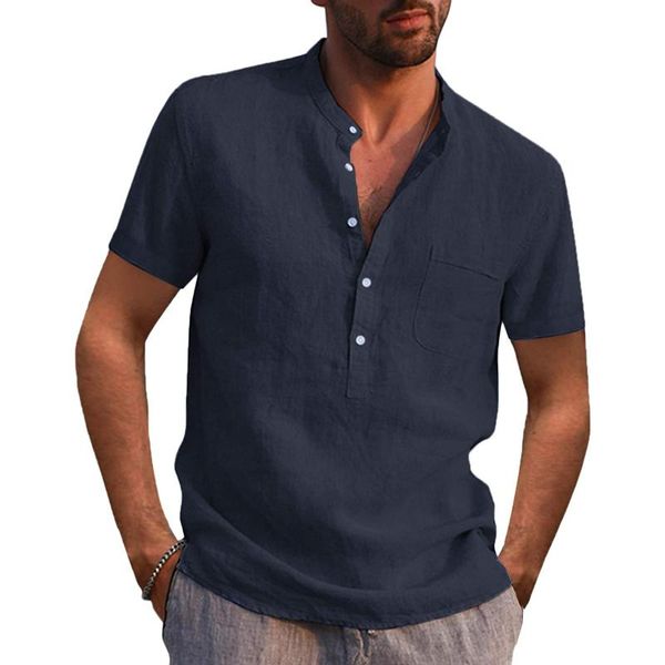 

men's casual shirts fashion linen cotton breathable solid colors short-sleeved buttons shirt summer plus size camisa masculina#g3, White;black