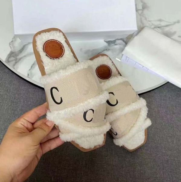 

women fur slippers towel style sliders classics warm slipper fashion designers loafers furry slides flat bottom slide ladies sandal with box, Black