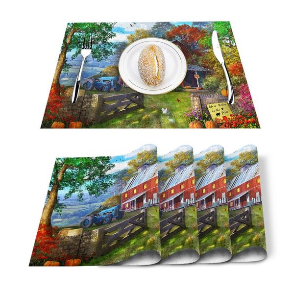 

table runner 4/6pcs farm life barn retro truck kitchen placemat set dining mats cotton linen pad bowl cup mat home decor