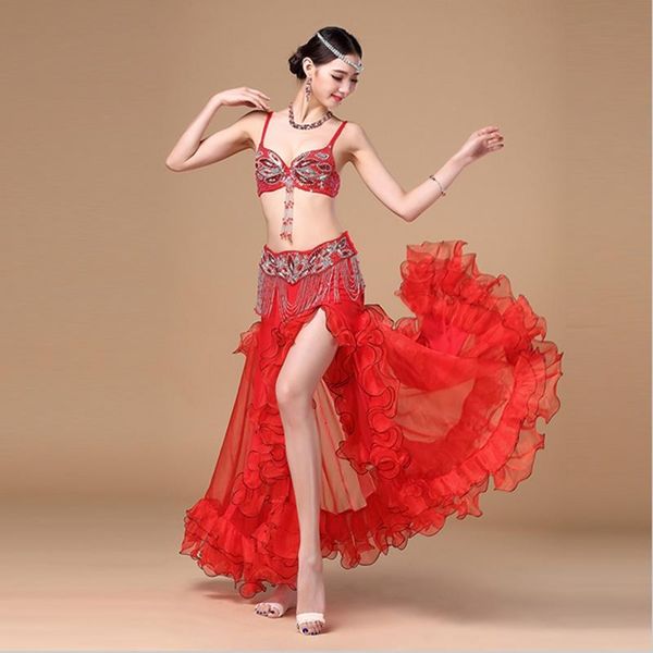 

arrivals professional oriental belly dancing clothes 3-piece outfit bead bra, belt and skirt dance costume women stage wear, Black;red