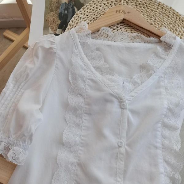 

women's blouses & shirts 2021 style elegant soul and back become pink / lace short sleeve top, White