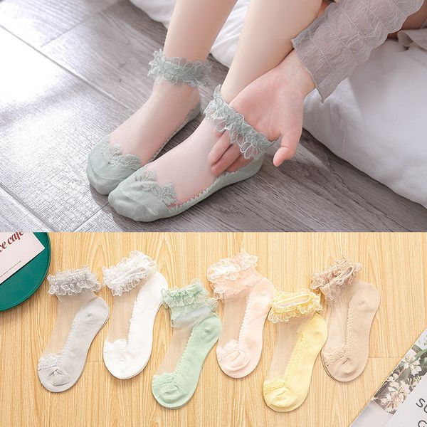 

crystal socks summer girls small broken lace socks ice silk thin princess color lace short socks, Pink;yellow