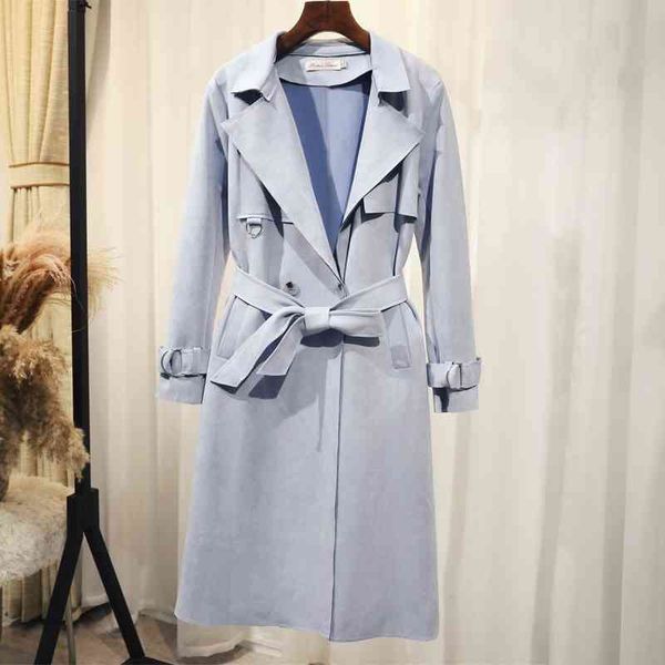 

korean style double breasted suede trench coat women elegant office wear medium long windbreaker ladies turn down collar outwear 210602, Tan;black