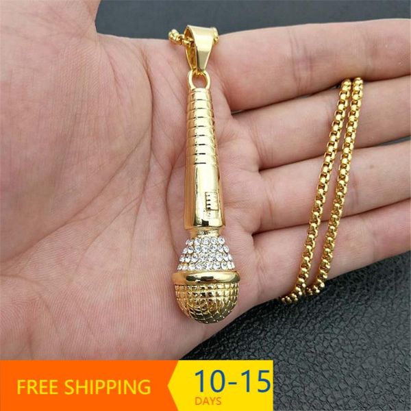 

hippie gold color iced out bling music microphone pendant necklaces hip hop jewelry for men stainless steel chain drop, Silver
