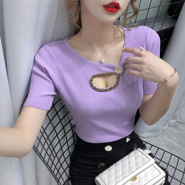 

women's t-shirt european summer knitted tight-fitting hollow handmade beaded diamond short-sleeved t-shirts women fashion streetwear 20, White