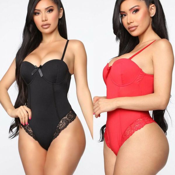

bras sets uk ladies strappy plunge v neck full lace bodysuit womens bodycon lingerie brief, Red;black
