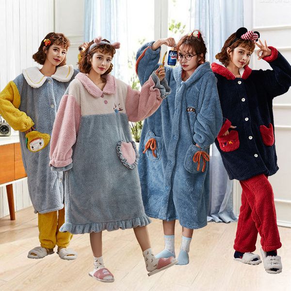 

women's shorts winter thick night-robe bathrobe homewear pregnant can wear flannel suit pajamas for r2i7, White;black