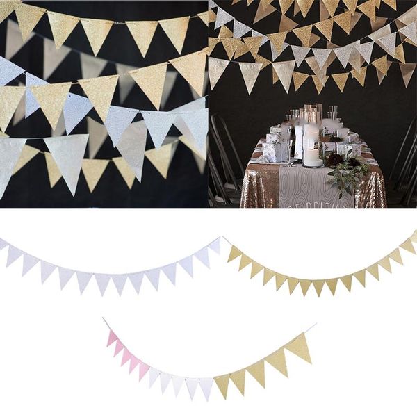 

party decoration pink white gold flag banner glitter paper pennant bunting garland for festival celebration wedding birtyday kind