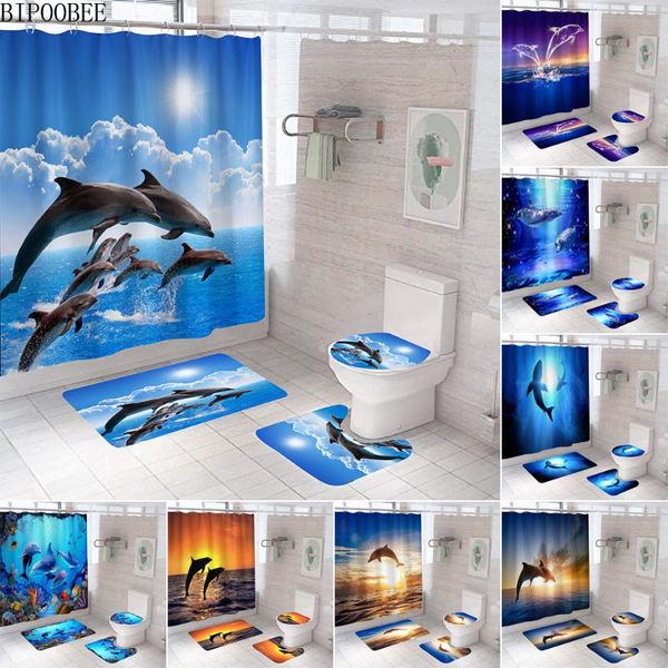 

shower curtains 3d ocean dolphin print curtain deep sea scenery bathroom bath mat rugs set toilet cover anti-skid rug home decor