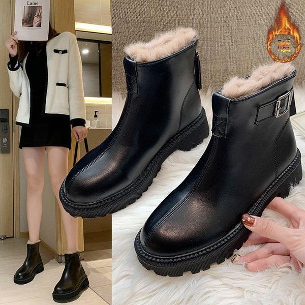 

boots women's winter shoe 2021 leather ladies short wool warm non-slip student ankle botas mujer, Black