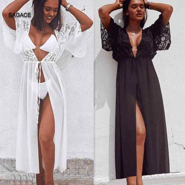 

women bikini beach cover-up lace splice blouse dress summer seaside holiday sunscreen smock robe gown a316 women's swimwear, White;black
