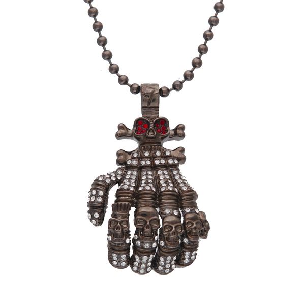 

exaggerated hip hop jewelry, auniquestyle men gun black hand bone design alloy pendant inlaid rhinestone skull male necklace, Silver