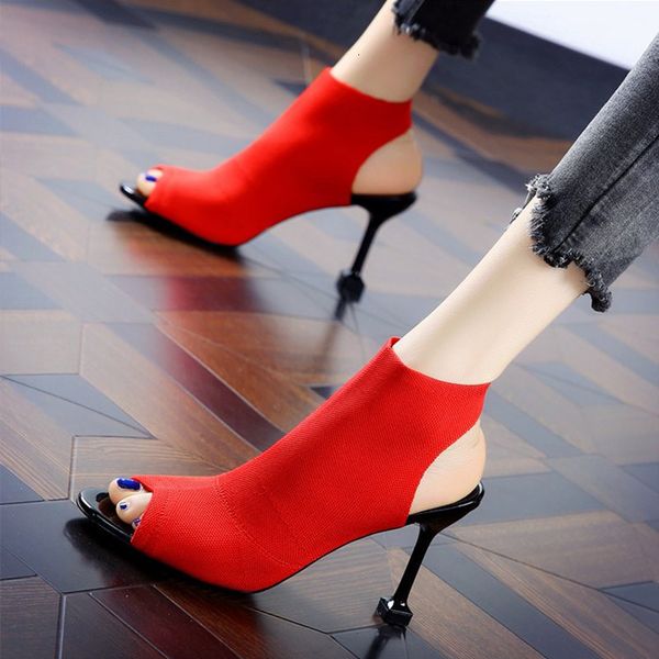 

dress shoes women fashion knitted peep toe sandals 8cm stiletto heel summer lady red black khaki party size 35-40 omut