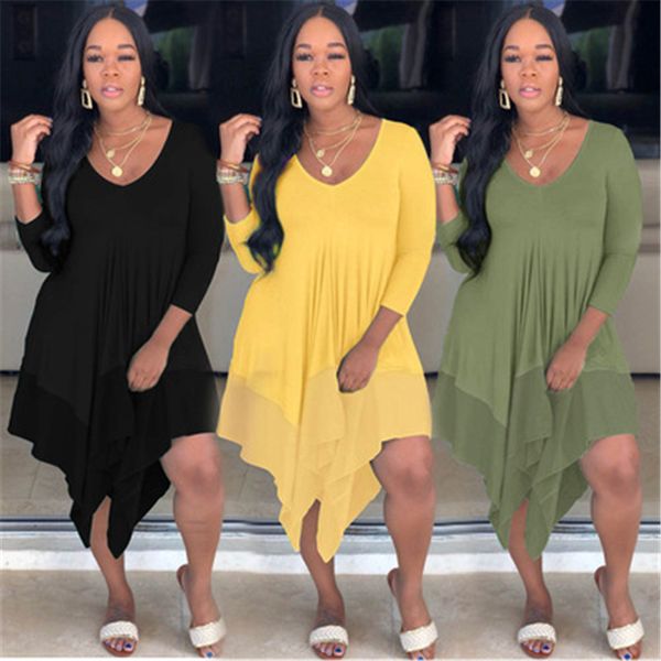 

womens solid color dresses summer fashion trend v-neck long sleeve high waist plus size short skirts designer female casual loose pullover d, Black;gray
