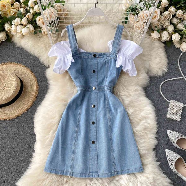 

summer women spaghetti strap puff sleeve detachable dress casual female single breasted denim mini 210423, Black;gray