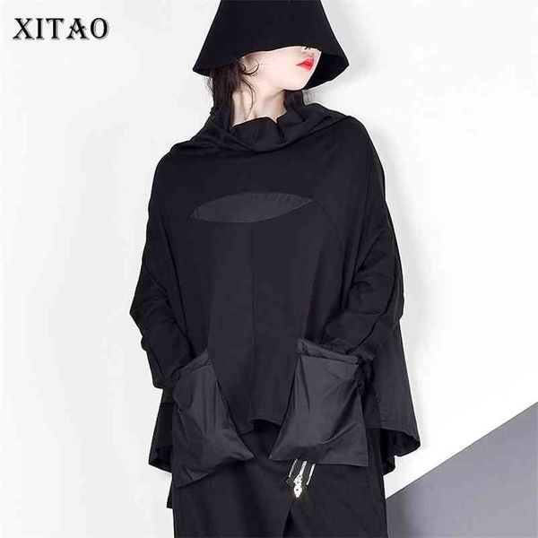 

xitao harajuku patchwork pocket t shirt women stand collar plus size casual black streetwear female stitch korean summer lyh2877 210406, White