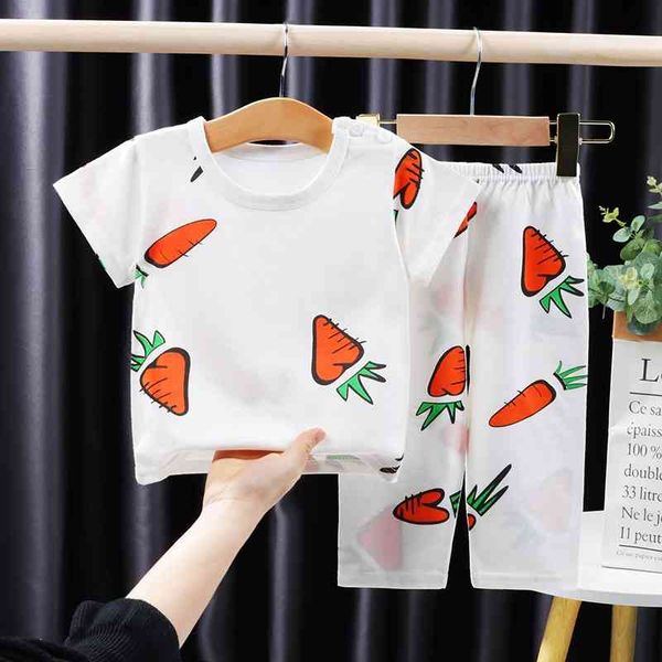 

summer children's air conditioning suit cotton baby short sleeve t-shirt pants home clothes boys and girls' pajamas, Blue;red