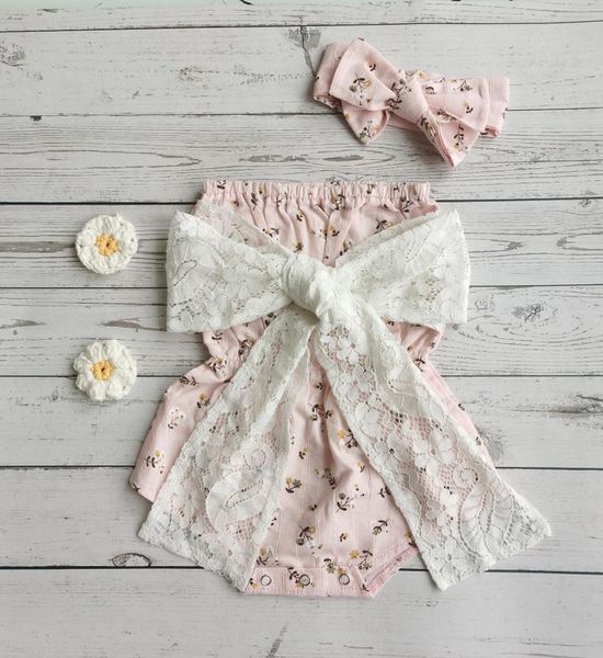

jumpsuits focusnorm 2 colors baby girls sweet summer rompers strap sleeveless flowers printed lace bowknot headband 0-24m, Blue
