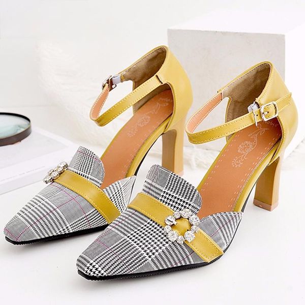 

dress shoes plus size 34-46 fashion women pumps sandals jacquard fabric plaid high heel summer pointed toe casual party buckle, Black