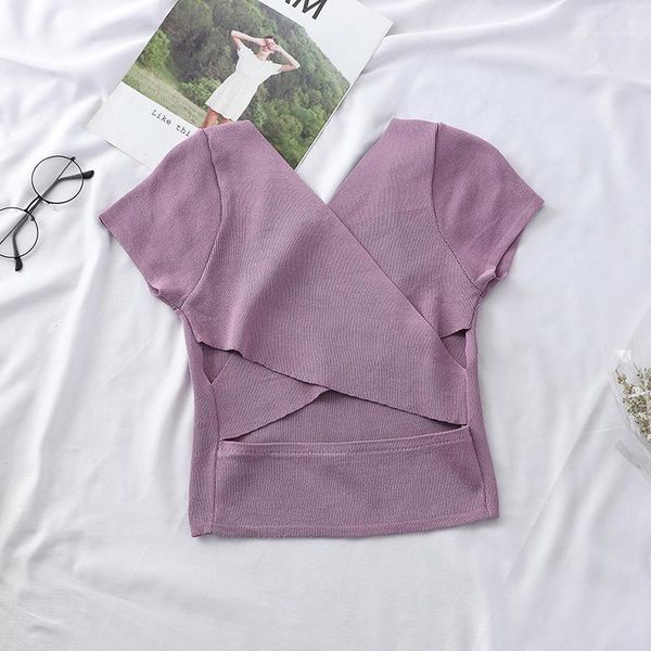 

women's sweaters korean women pullovers cross hallow out waist backless crop short sleeve sweater pure v-neck slim knitted jum, White;black