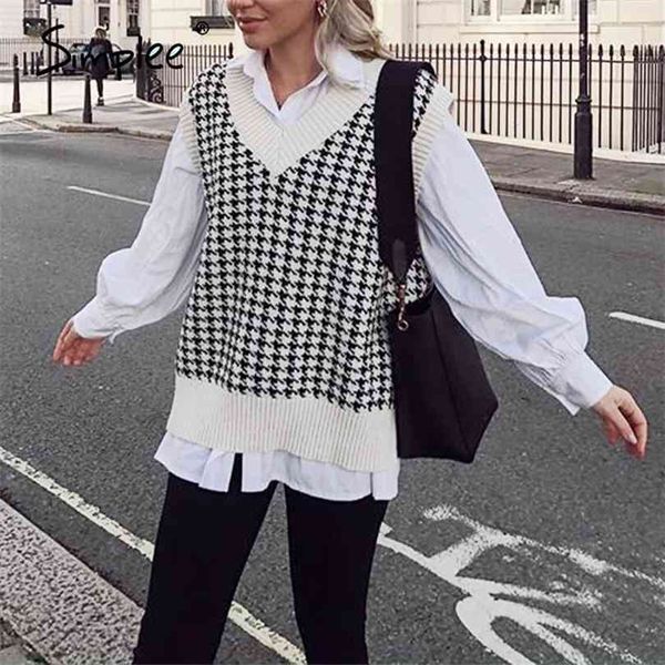 

houndstooth knitted sweater vest women v neck sleeveless oversized pullover vintage fall winter female waistcoat 210922, White;black