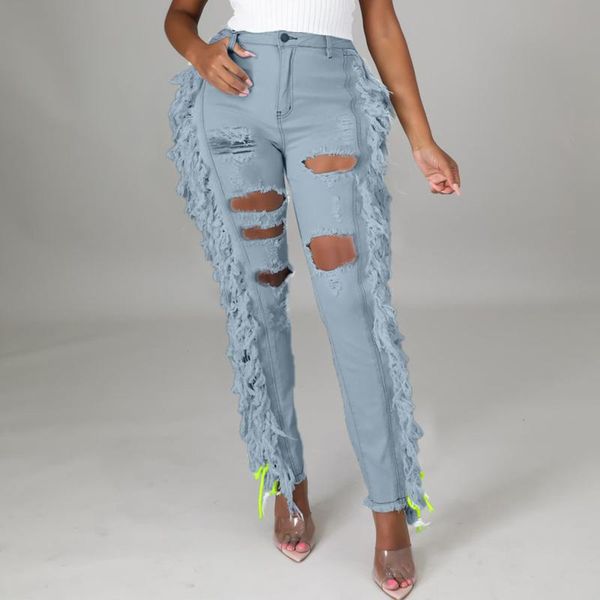 

women's jeans women high waist slim plus size ripped hole gradient long denim regular pants trousers causal vintage, Blue