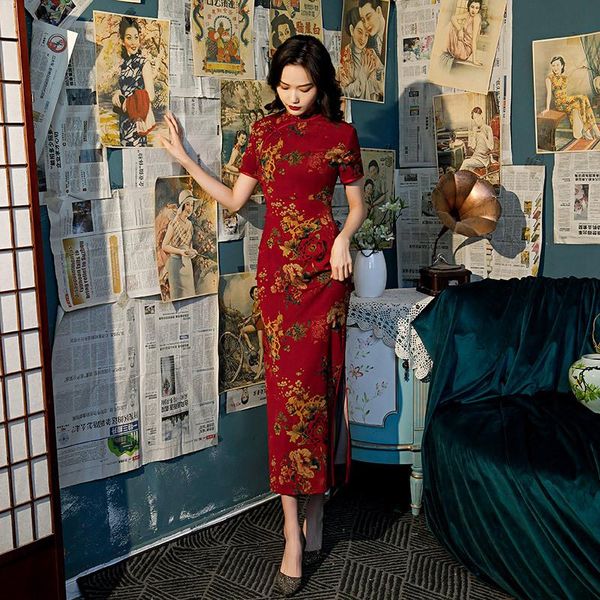 

ethnic clothing satin mandarin collar vintage qipao flower 2021 cheongsam plus size 3xl 4xl evening party dress gown chinese lady vesti, Red