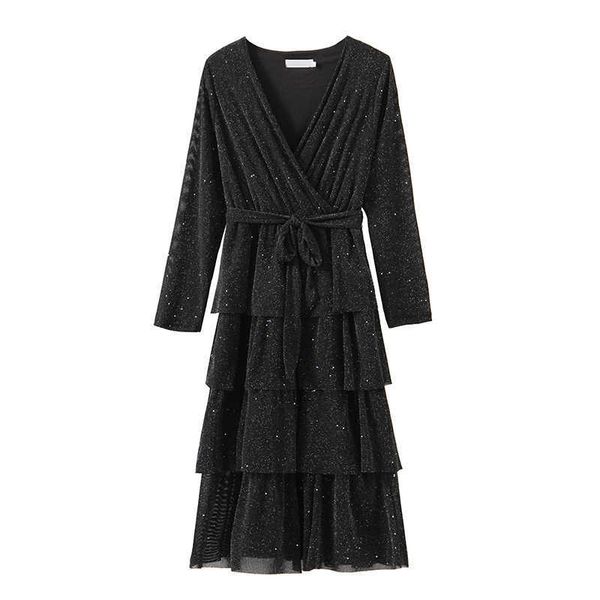 

perhaps u black purple red v neck cascading ruffle fit and flare long sleeve knee length lurex bling dress autumn elegant d0764 210529, Black;gray