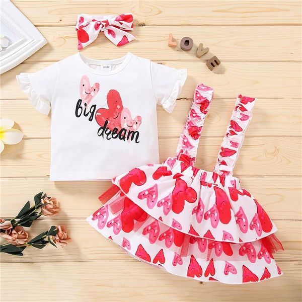 

6m-3t baby girl's clothing set, heart print short sleeve t-shirt suspender skirt cute headwear 3piece suit for birthday party sets, White