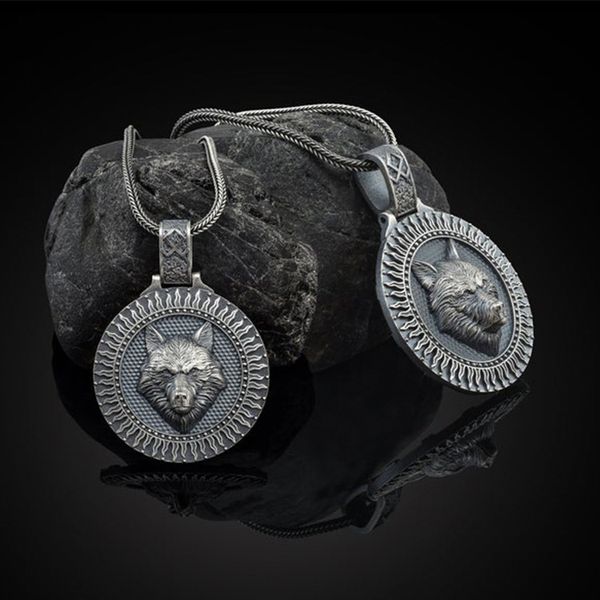 

wolf head disc pendant necklace men's metal hip hop punk accessories, Silver