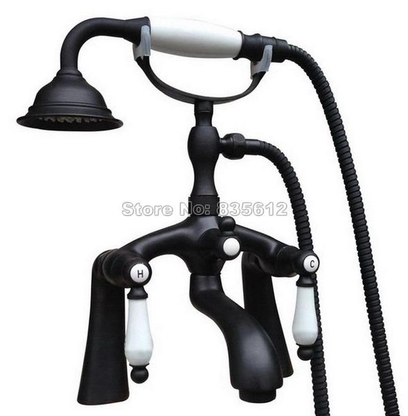 

deck mounted black oil rubbed bronze telephone style ceramic handheld shower bathroom tub faucet dual handles mixer taps wtf514 sets