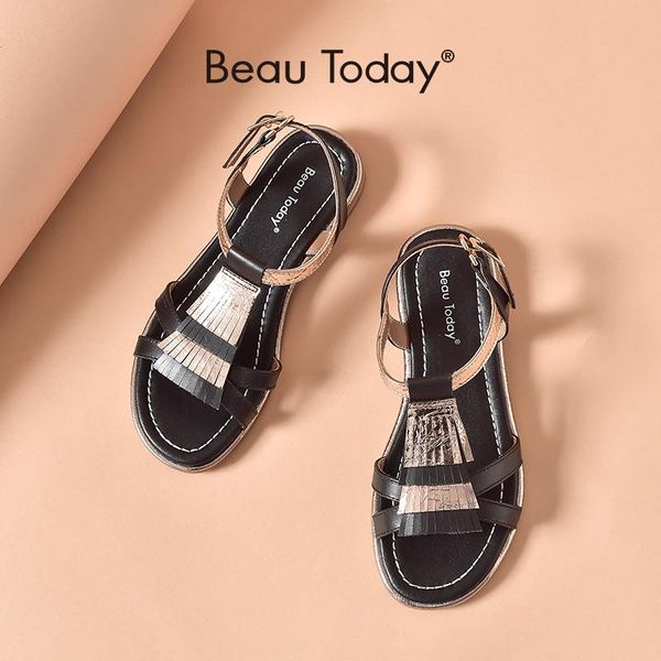 

sandals beautoday women genuine cow leather open toe shoes reflective narrow band fringe buckle strap ladies flats 32319, Black