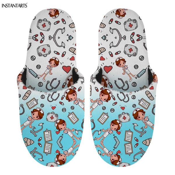 

blue and white cartoon nursre girl pattern home slipper soft warm winter bedroom decor anti slip plush slippers, Black