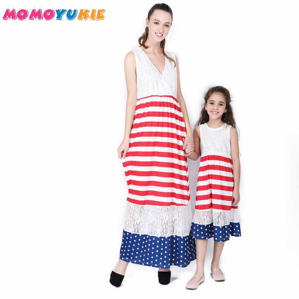 

mother daughter dresses family costumes striped jumper skirt family look polka dot lace matching clothes mom and baby flag day 210713, Blue
