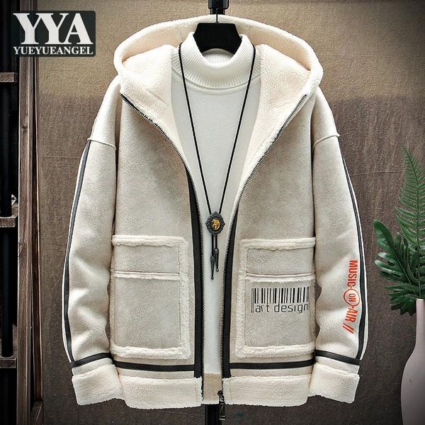 

vintage winter warm suede hooded jacket men zipper printed thick fleece lining outerwear coat streetwear casual mens jackets men's, Black;brown