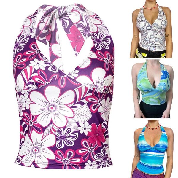 

women's tanks & camis women summer halter bandage tank deep v-neck backless slim vest boho floral printed casual sleeveless shirts, White