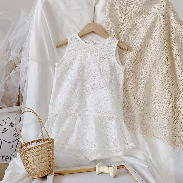 

clothing sets hollead children's baby girls white embroidery princess costume summer 2021 kids vest+shorts clothes set