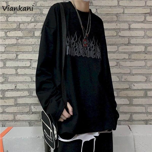 

men's t-shirts goth couple tshirt autumn korean trend hip-hop street dark printing men plus size long-sleeved male t-shirt, White;black