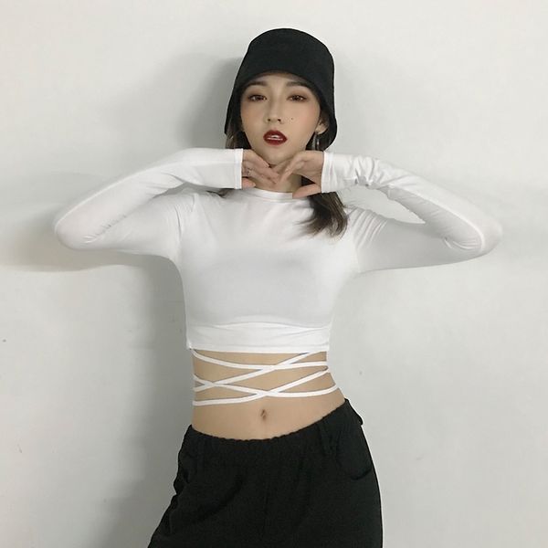 

women's tracksuits spring and autumn short high-waist lace-up t-shirt tight long-sleeved white crop fashion jazz dance cx, Gray