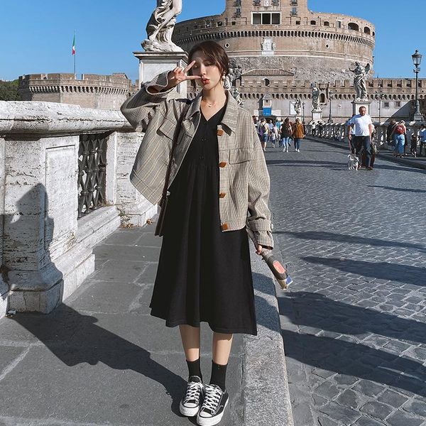 

women fashion short jacket korean loose casual long sleeve lapel plaid coat female elegant outerwear spring autumn clothes women's jack, Black;brown