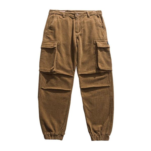 

men's pants multi-pocket corduroy trousers mens amekaji solid color cargo safari style retro casual loose jogger men, Black
