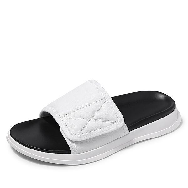 

slippers genuine leather men summer thick beach shoes toe fender cowhide, Black