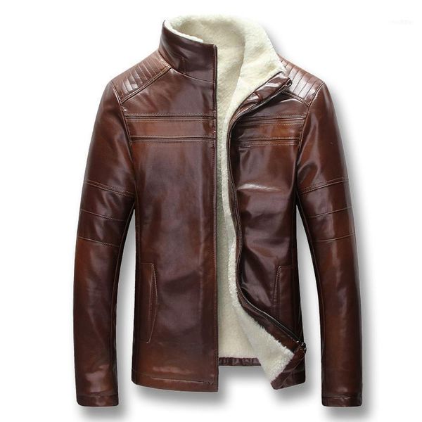 

men winter thick fleece pu leather jackets coats hombre male casual fashion slim fit large size zip men1, Black;brown