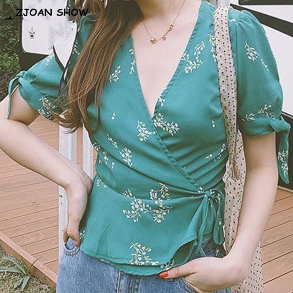 

vintage france style short sleeve wrap shirt fashion green floral print tie bow waist blouse women one-piece 210429, White