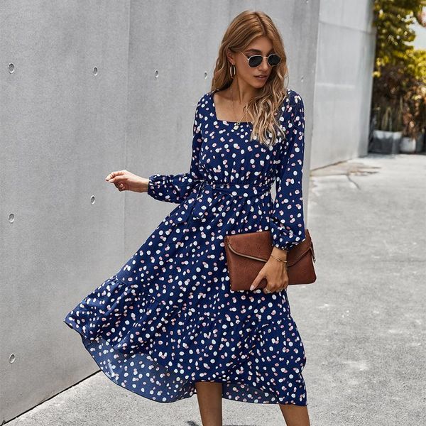

casual dresses 2021 summer long sleeve dress woman square collar polka dot print ruffles boho beach belted ladies tunic, Black;gray