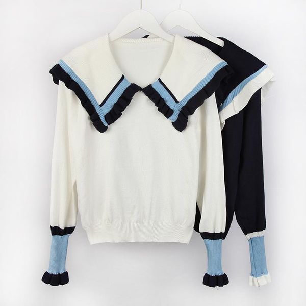 

women's sweaters knitted woman pull femme long sleeve sweater women french chic peterpan collar pullover, White;black
