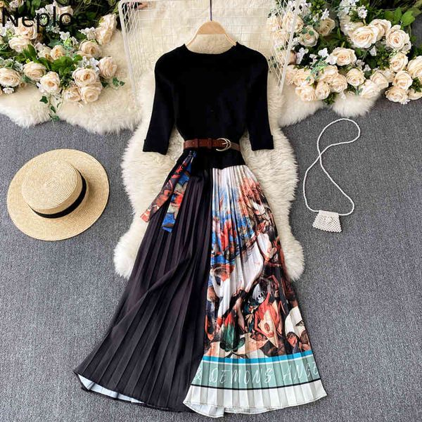 

neploe elegant women dress o-neck short sleeve high waist robe contrast color pleated print dress fashion elegant vestidos mujer 210422, Black;gray