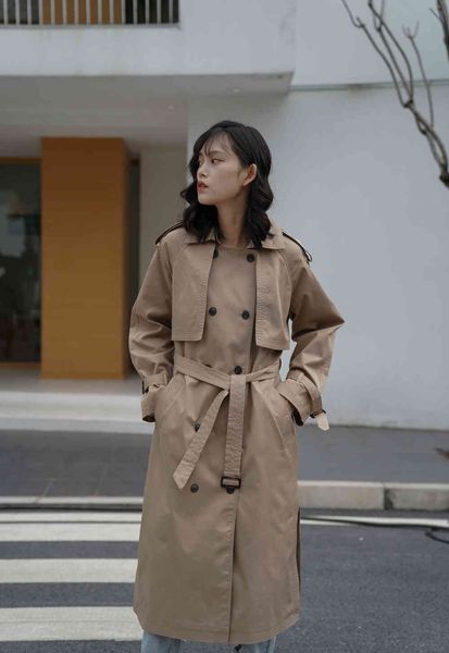 

korea runway designer 2021 autumn/autum maxi longo trench coat with chic female classic jacket, Black