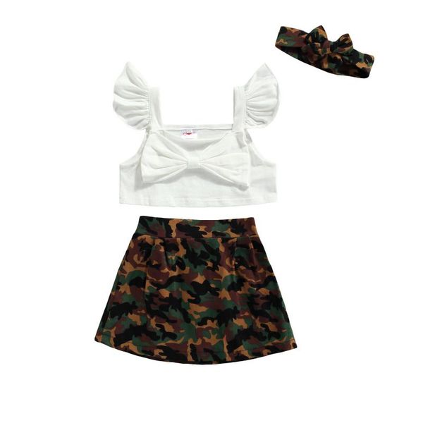 

clothing sets 2021 summer girl\u2021s casual three piece set fresh solid color sleeve and camouflage short skirt with headband, White
